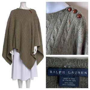 Ralph Lauren Cable Knit Wool Cashmere Poncho Wrap Sage Green Bateau Neckline M/L
